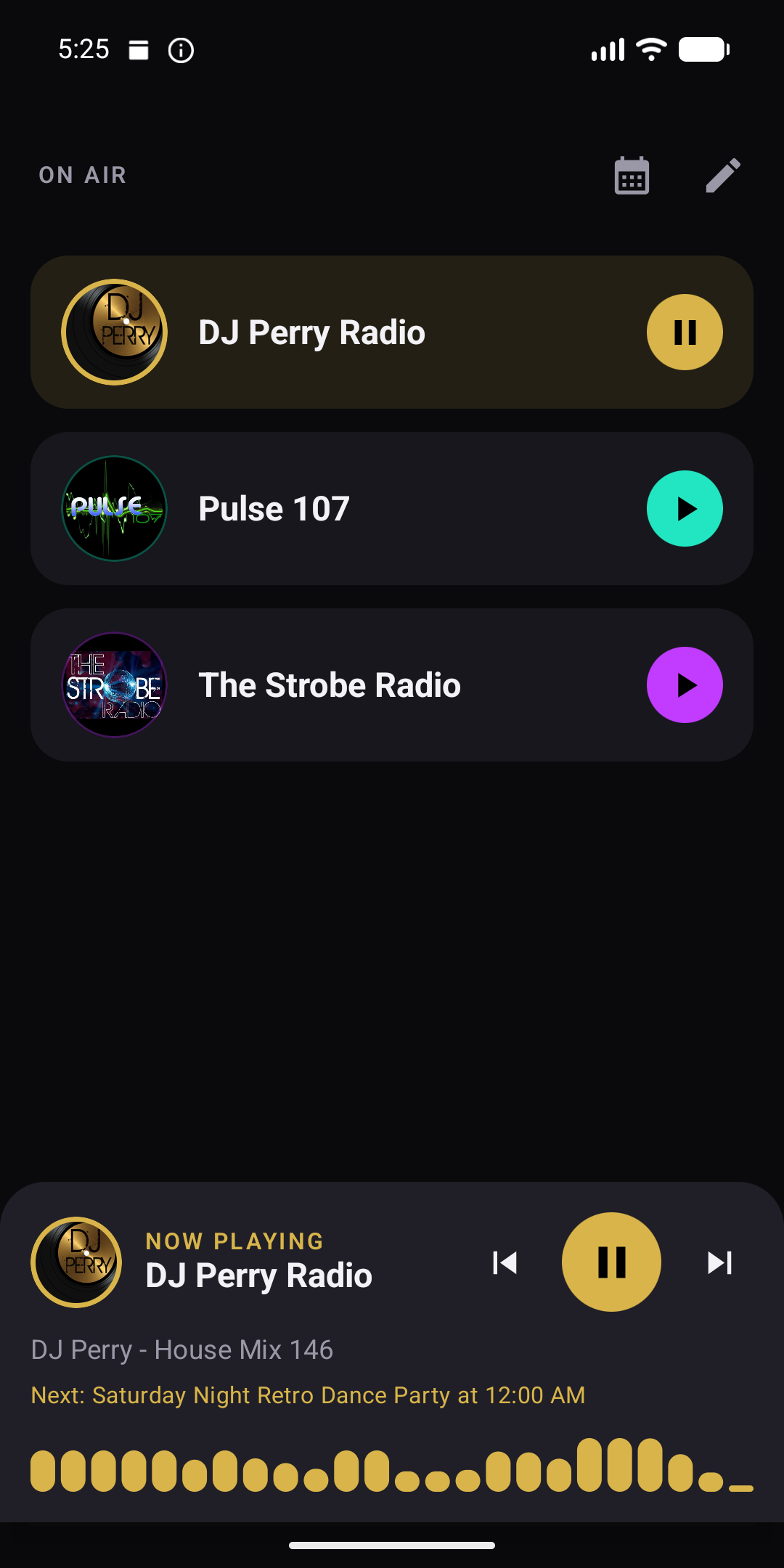 Now-playing view of the DJ Perry Radio app with station list and live track info