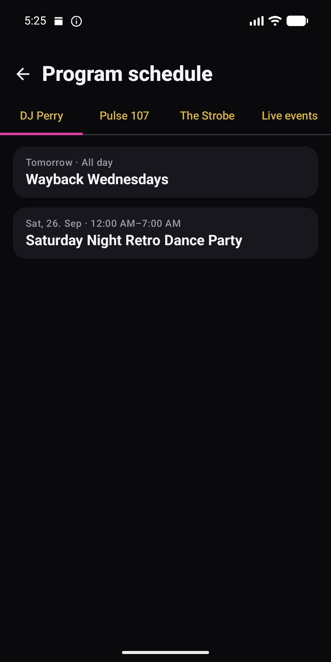 Schedule view of the DJ Perry Radio app with upcoming shows