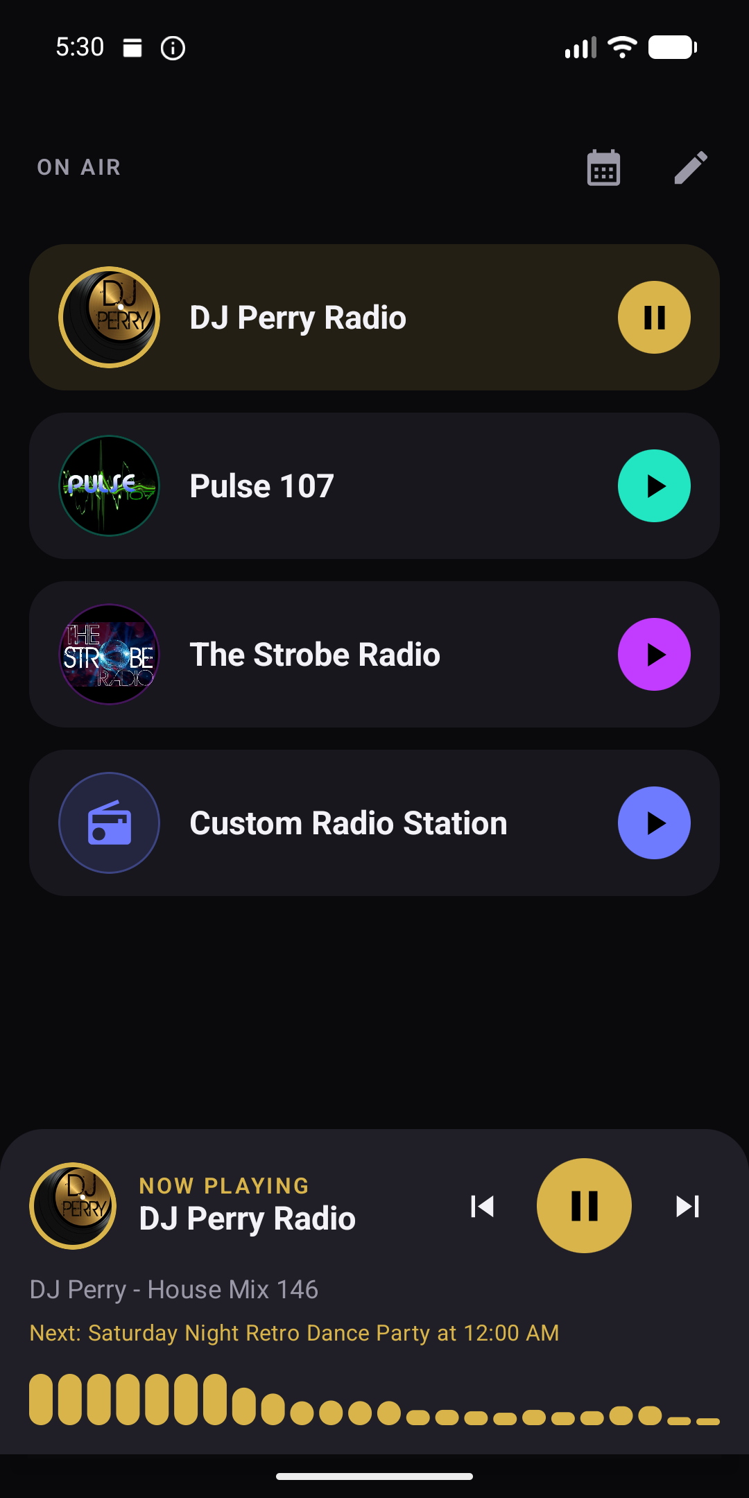Station list of the DJ Perry Radio app with four stations, DJ Perry Radio currently playing